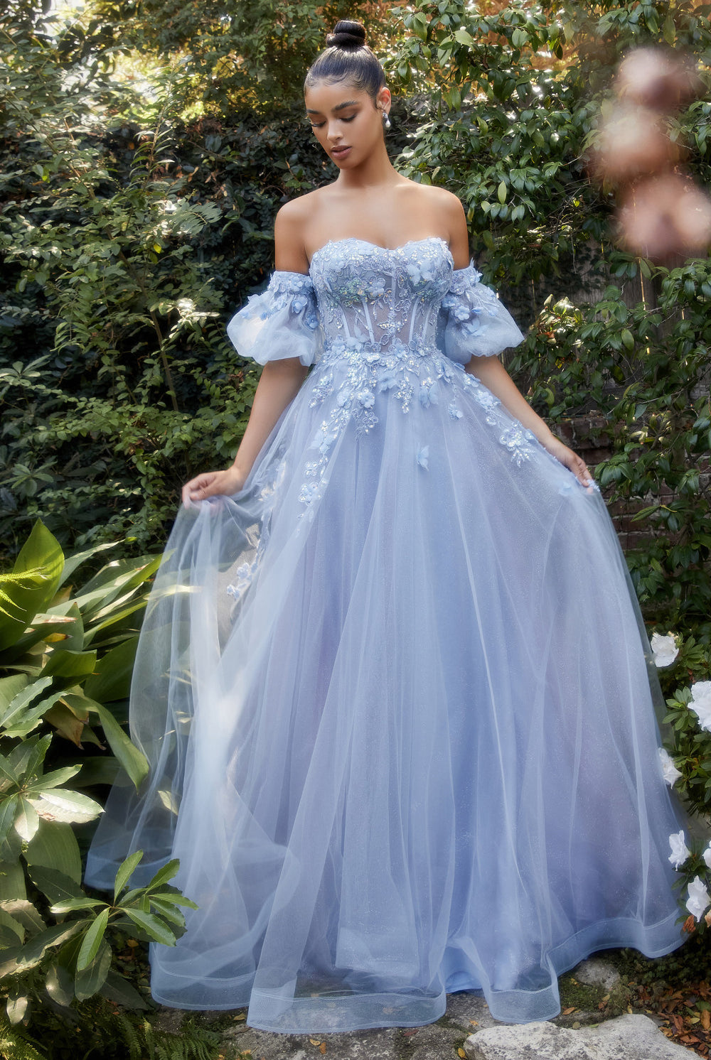 Sheer Retro Ball Gown w/Off-Shoulder Bodice & Puff Sleeves-smcdress