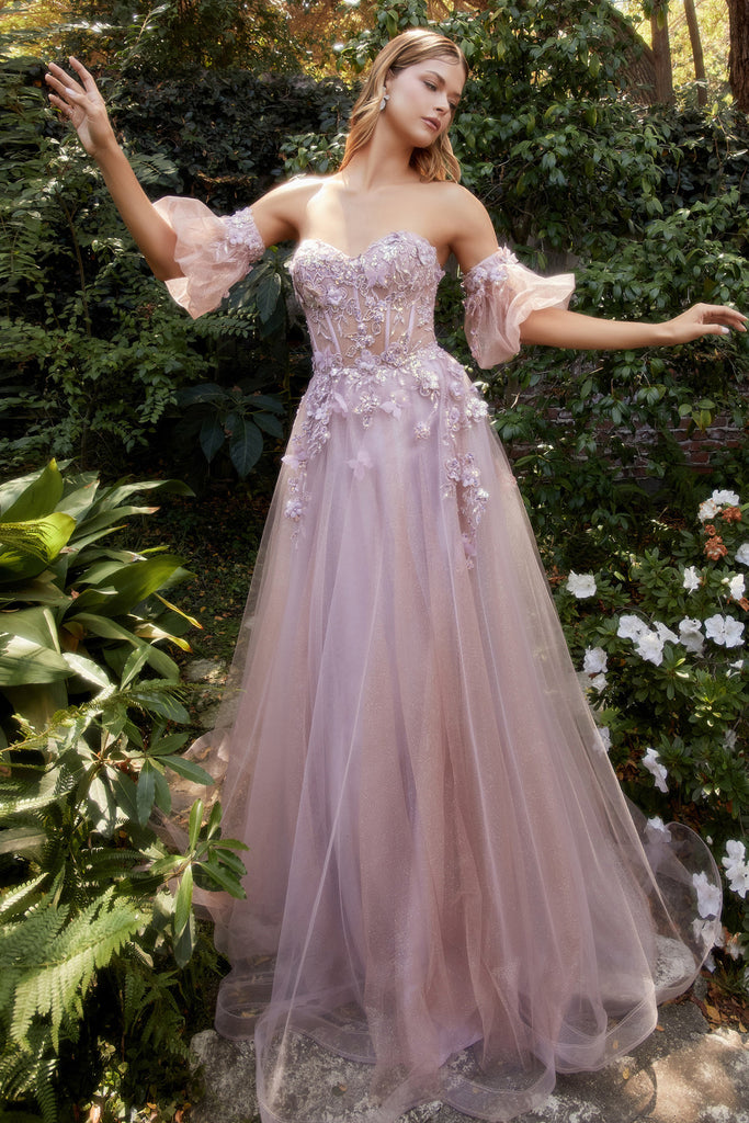 Sheer Retro Ball Gown w/Off-Shoulder Bodice & Puff Sleeves-smcdress
