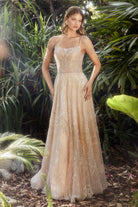 Luxury Champagne Gold gown with beaded a-line & scoop neck bodice detail-smcdress
