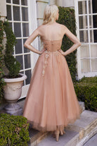 Pretty Tea-length Gown w/ Strapless Bodice & Floral A-Line Skirt-smcdress