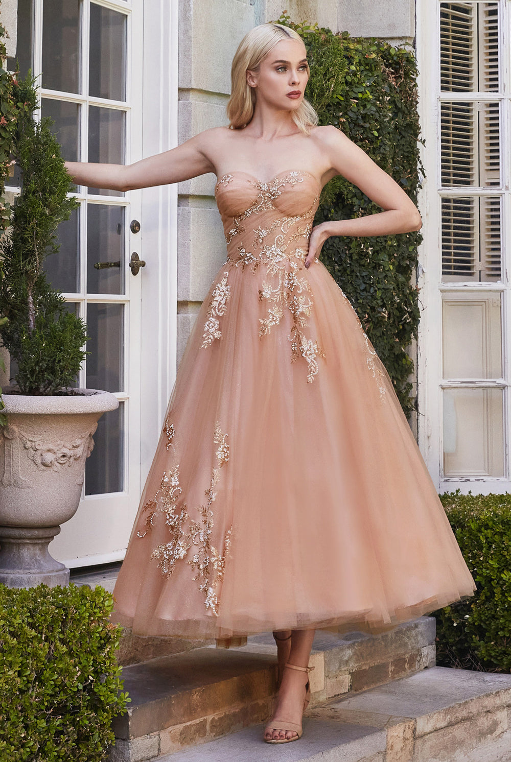 Pretty Tea-length Gown w/ Strapless Bodice & Floral A-Line Skirt-smcdress