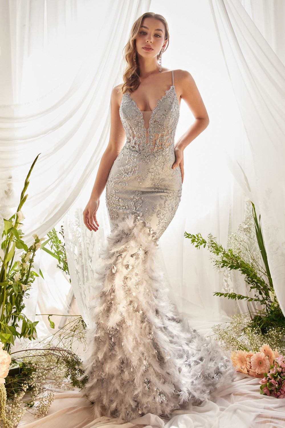 Feather Mermaid Gown: Luxury Gala, Sweet & Trendy, V-neck, Mid Open Back, Laced Bodice-smcdress