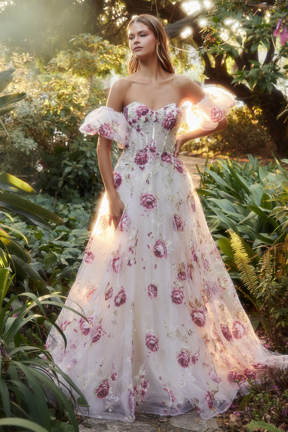 STRAPLESS ORGANZA PEONY PRINT BALL GOWN-smcdress