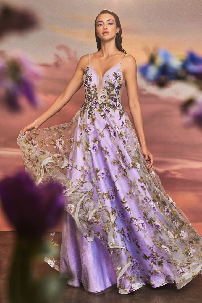 Lisianthus Formal Purple Gown with Lilac Organza and Floral Violet Bodice-smcdress