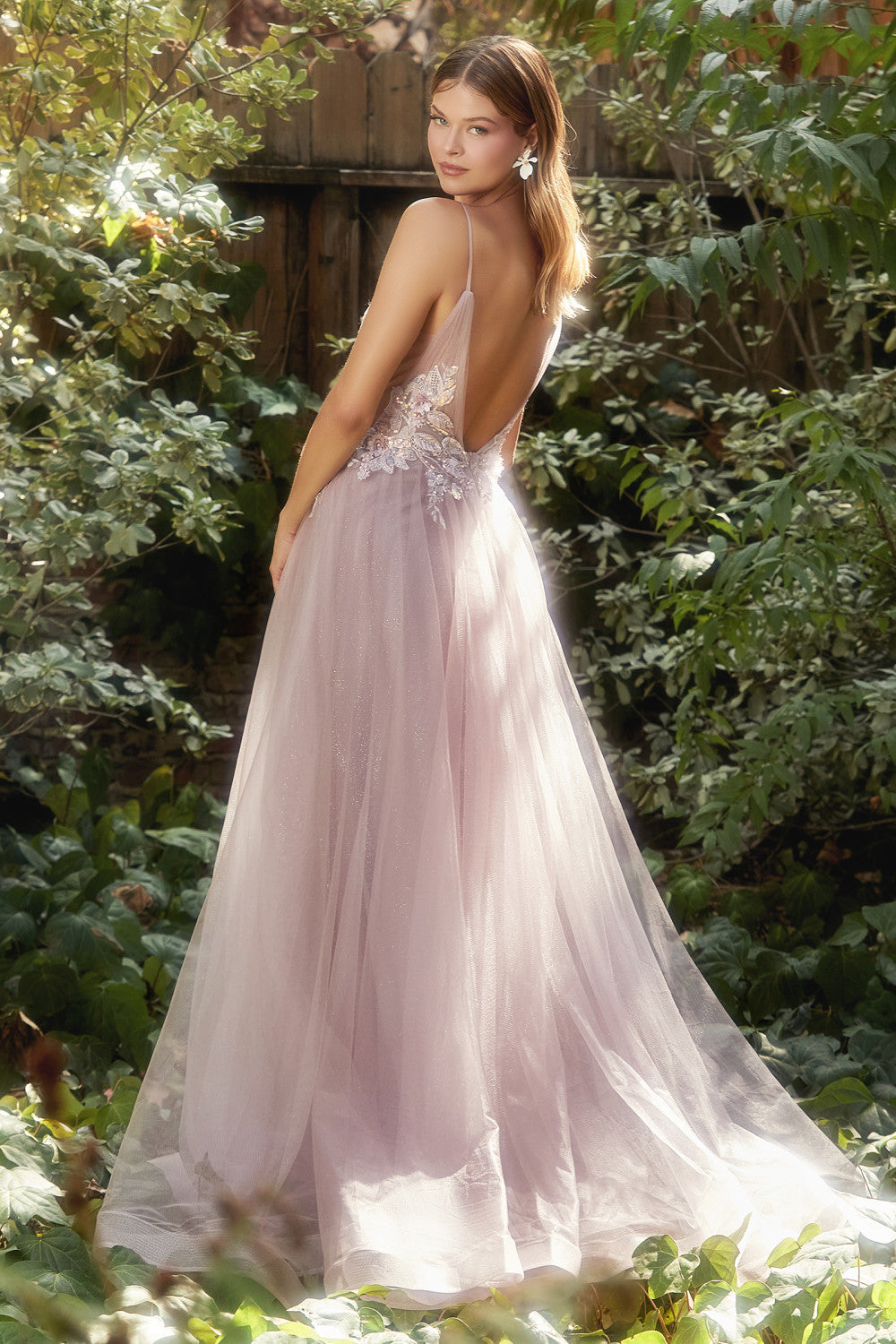 Iridescent Sequin Applique A-line Dress, V-neck/V-back Bodice, Embellished-smcdress