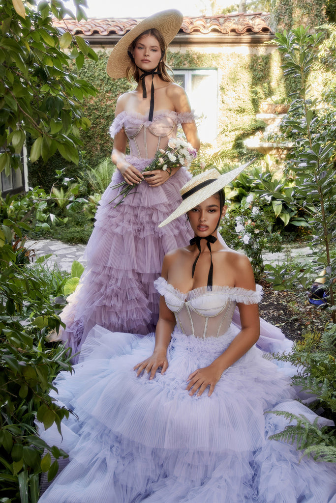 Rhinestone Ruffle Off Shoulder Sheer Prom Gown-smcdress
