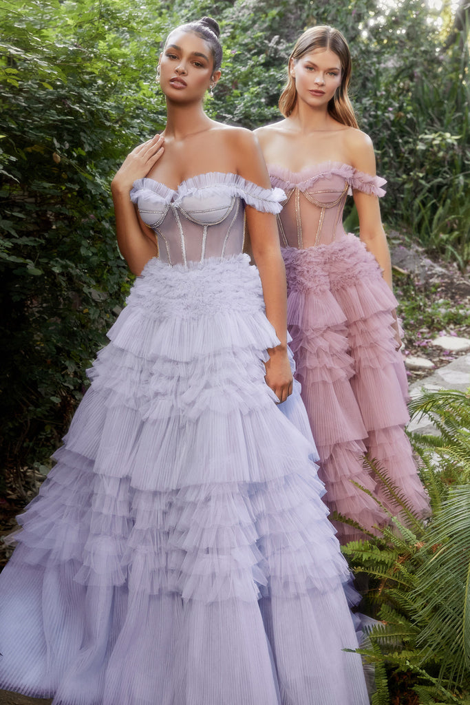 Rhinestone Ruffle Off Shoulder Sheer Prom Gown-smcdress