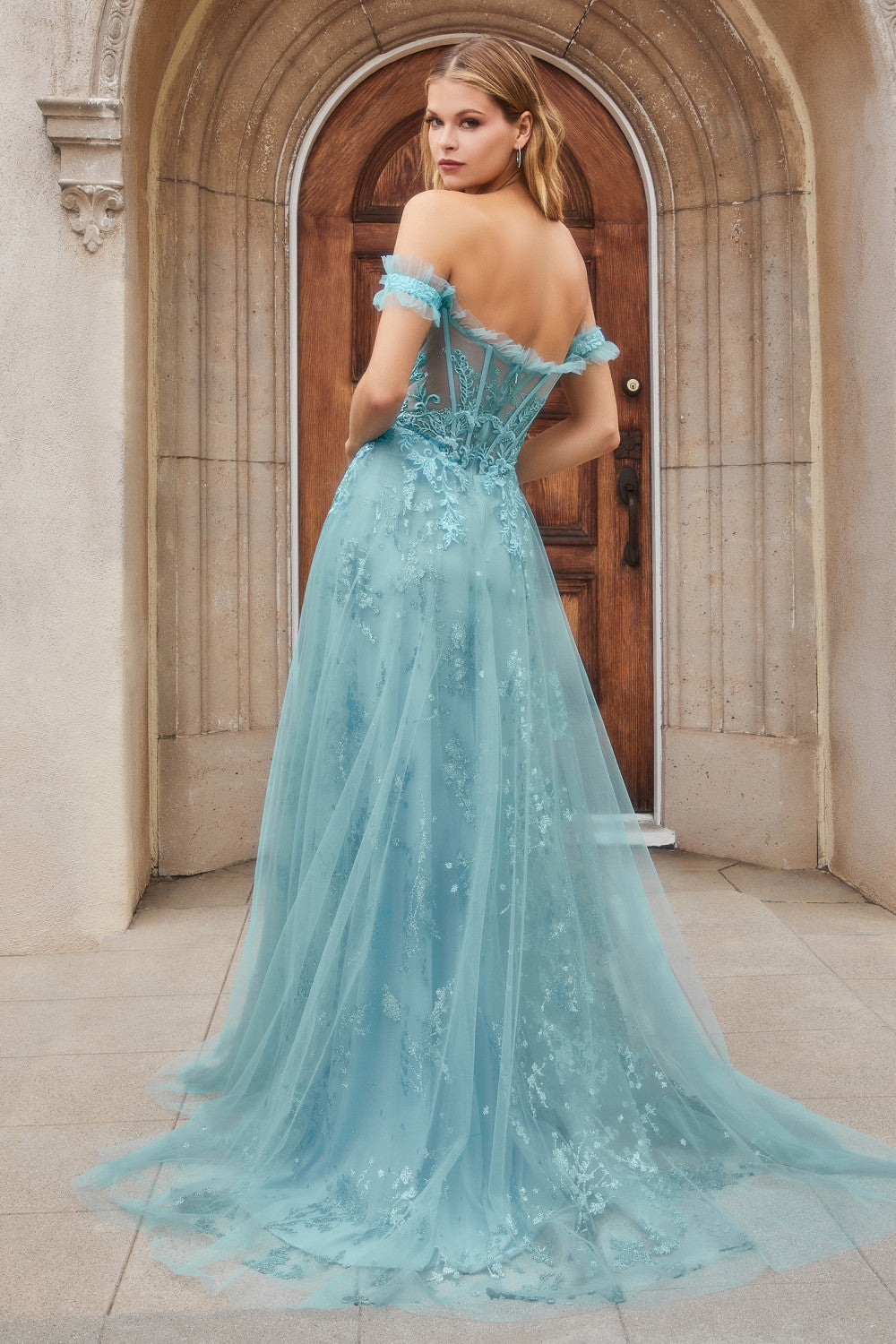 Cerulean Lace Off-Shoulder A-Line Prom Dress-smcdress