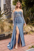 Long sleeve corset bodice prom gown with beads, satin skirt & luxe details-smcdress