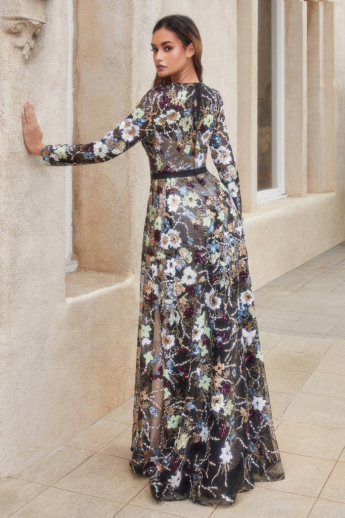 A-Line Modest Prom Dress w/Royal Floral Applique, Belted, Long Sleeve, Scoop Neck-smcdress