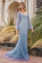 Diamond Ombre Gown w/ Long Sleeves, Sequins, Sweetheart Neck & Closed Bodice-smcdress