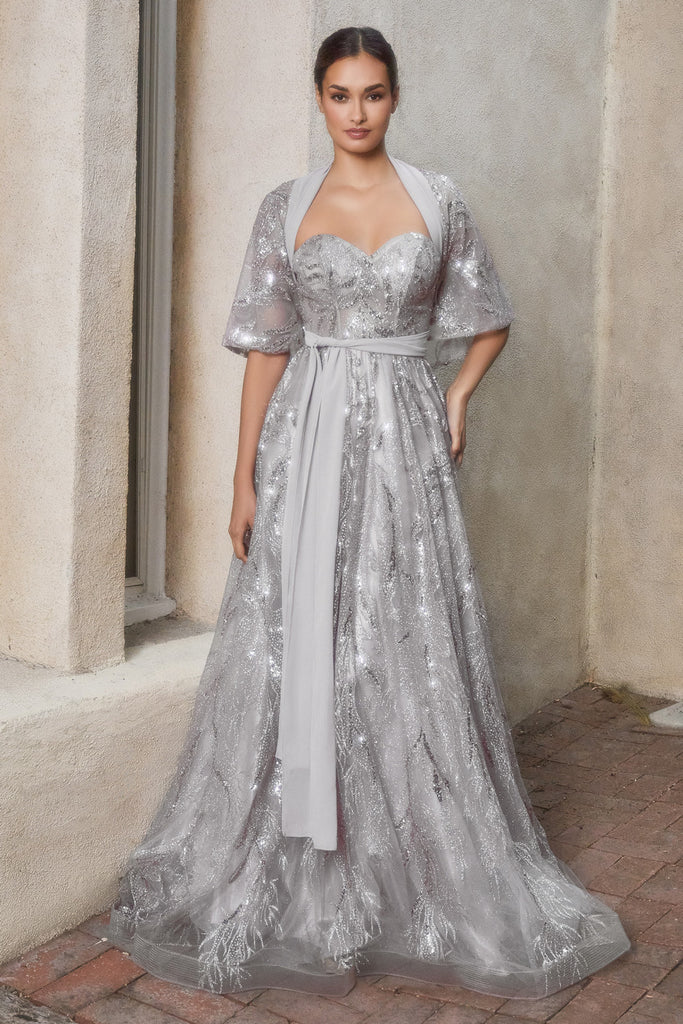 Gown with shawl, shimmering motif, strapless bodice and mid open back, cute luxury-smcdress