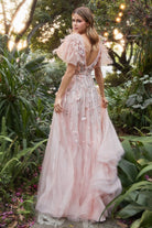 Petal-embellished, ruffled-sleeve gown with sequins, feather & V-neck back-smcdress