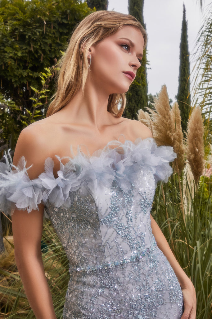 Couture Flower Prom Dress: Off Shoulder, Embellished Beads, Long-smcdress