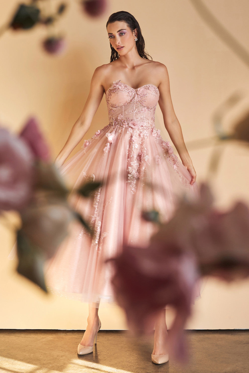 Cute Butterfly Garden Tea Strapless Midi Vintage Princess Gown-smcdress