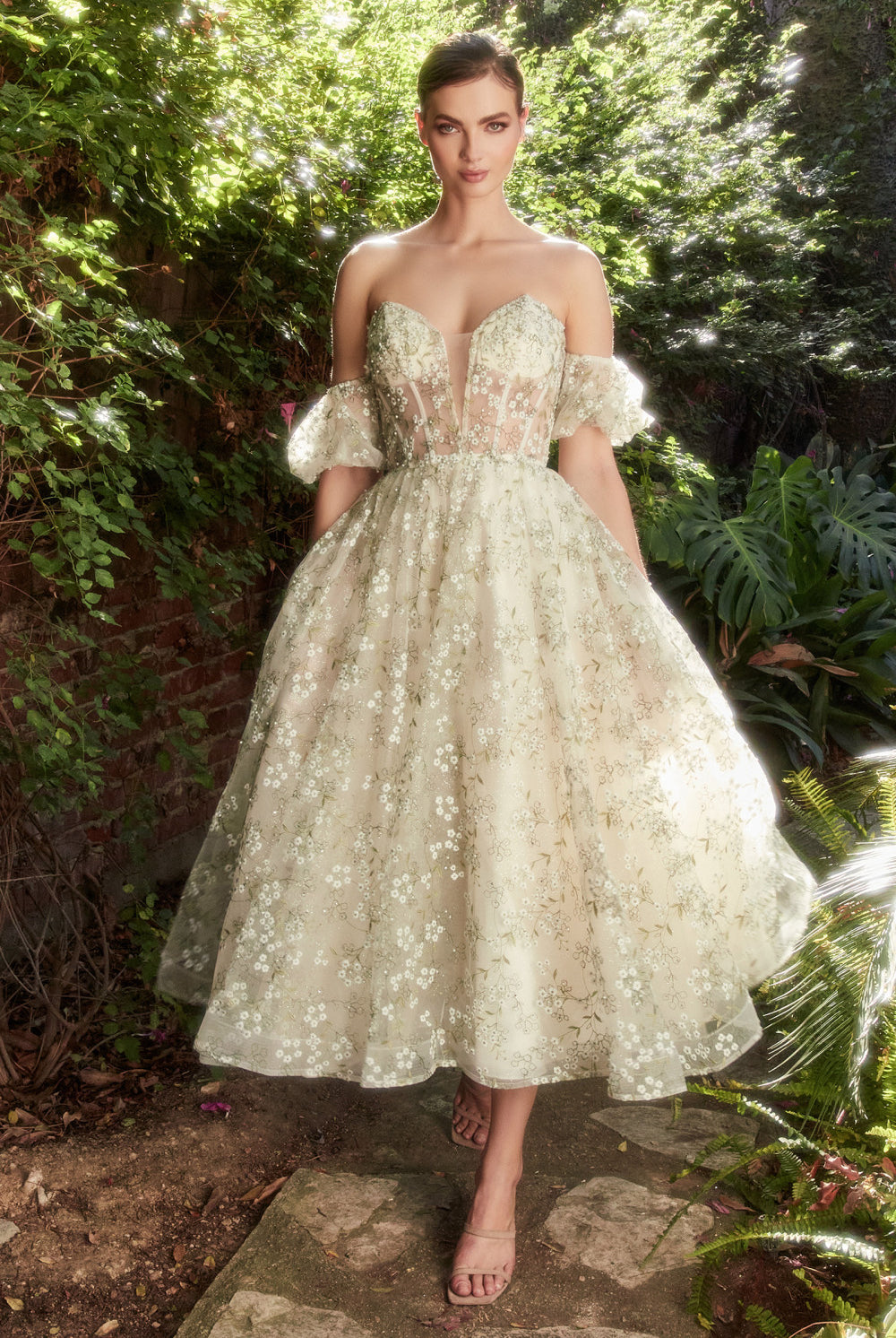 Baby's Breath Embroidery Prom & Bridesmaid gown: tea length, sheer corset bodice, puff sleeves, flowy midi dress-smcdress