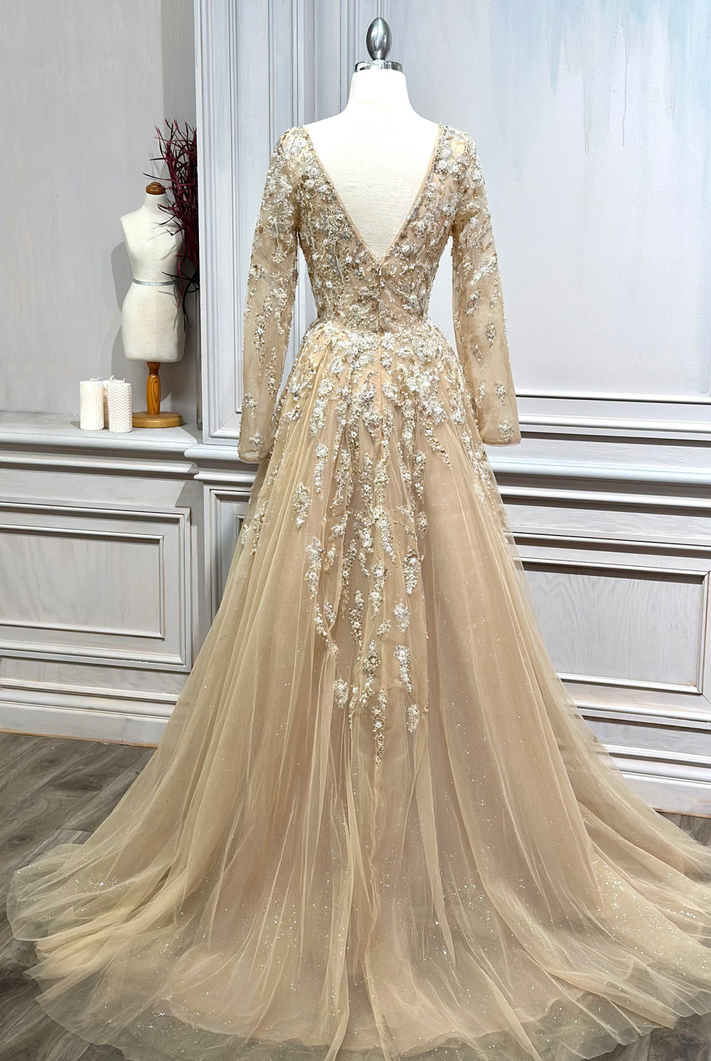 Champagne A-Line Beaded Dress for Mom of the Bride-smcdress