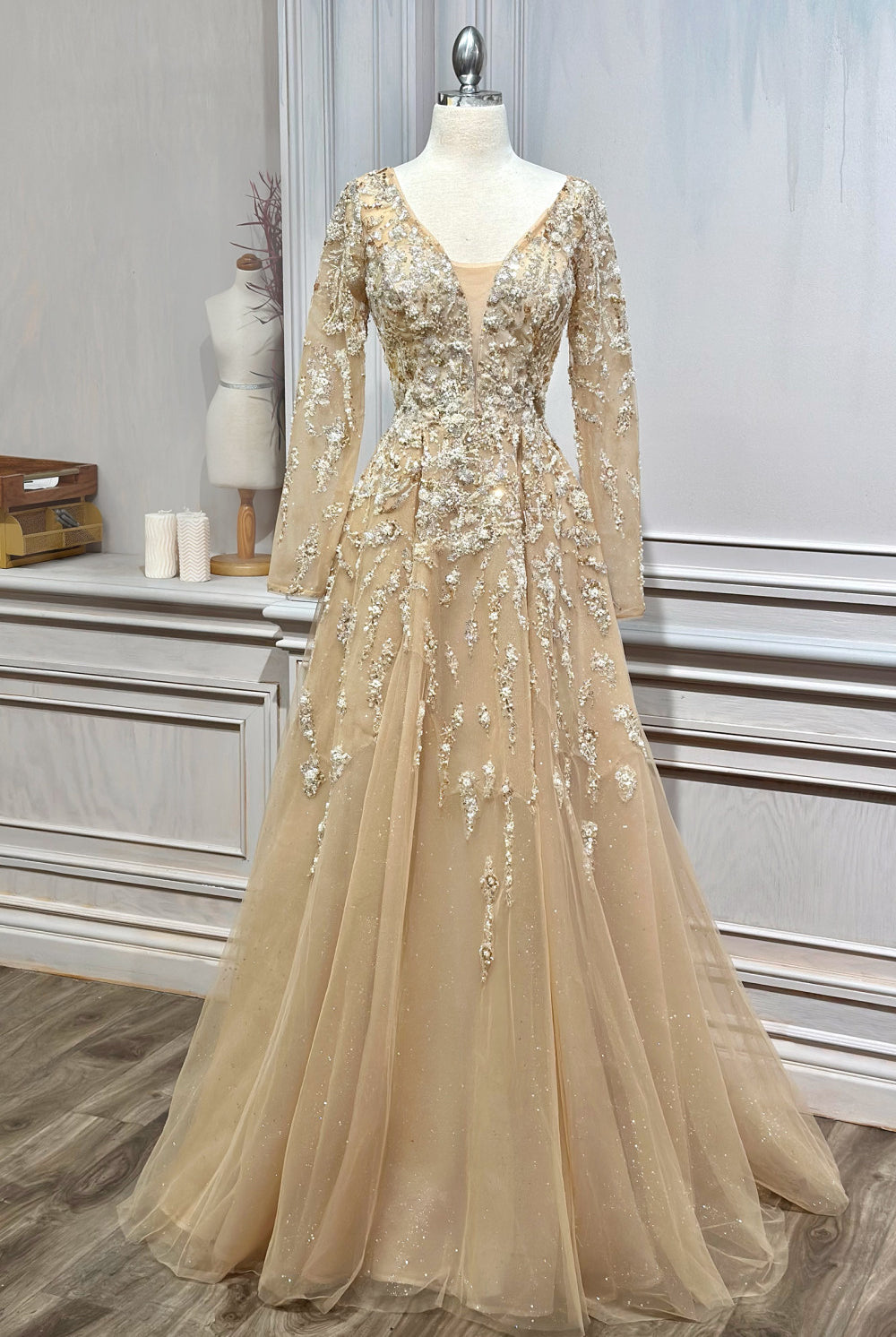 Champagne A-Line Beaded Dress for Mom of the Bride-smcdress