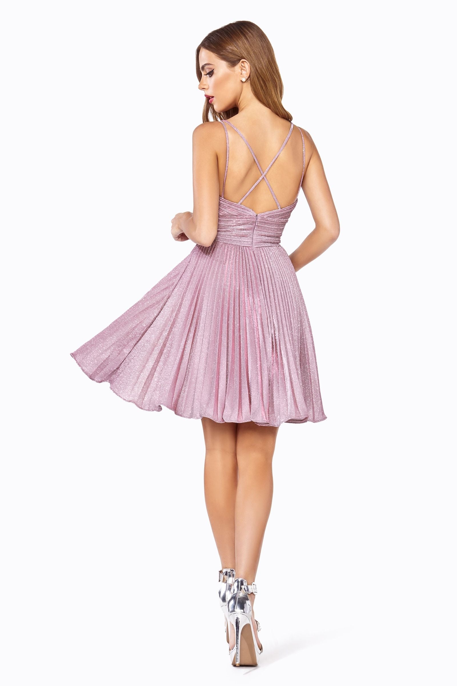 Short dress with pleated glitter fabric details and criss cross back-smcdress