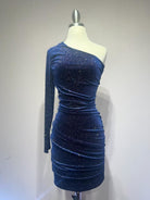 Navy one shoulder fitted dress