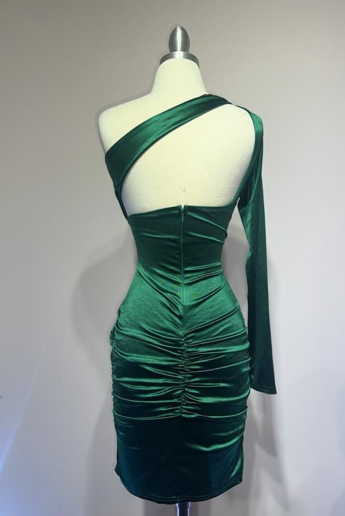Back of emerald one shoulder satin mini dress