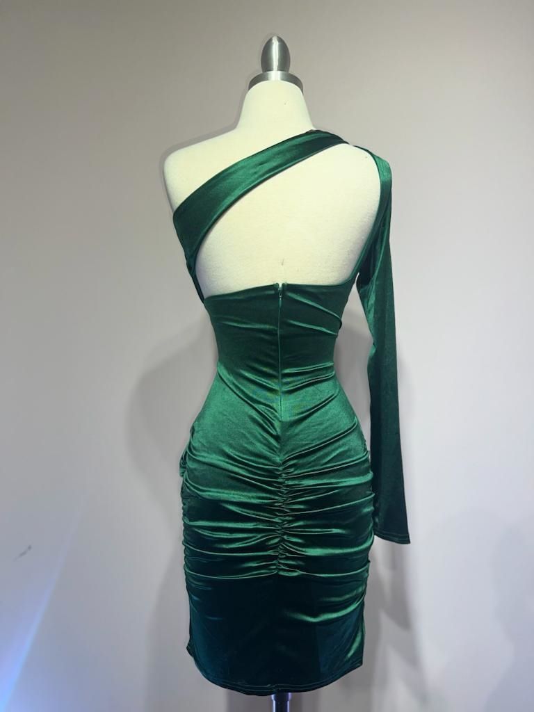 Back of emerald one shoulder satin mini dress