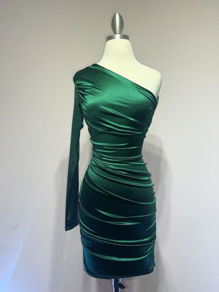 Emerald one shoulder satin mini dress