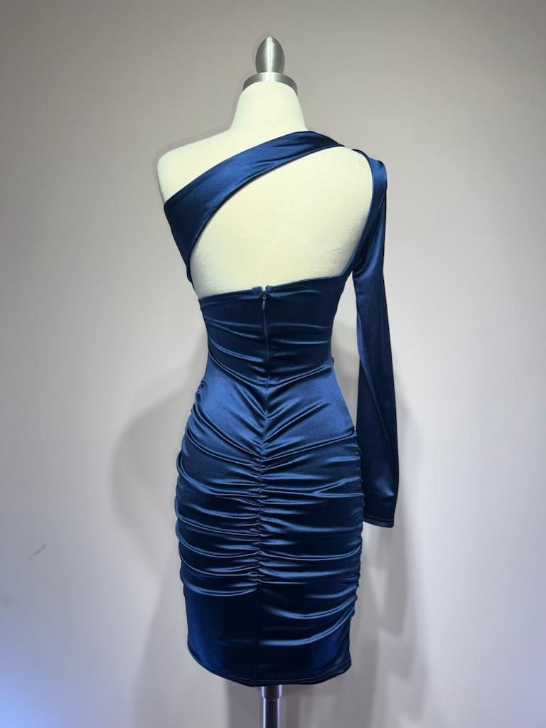 Back of navy one shoulder satin mini dress
