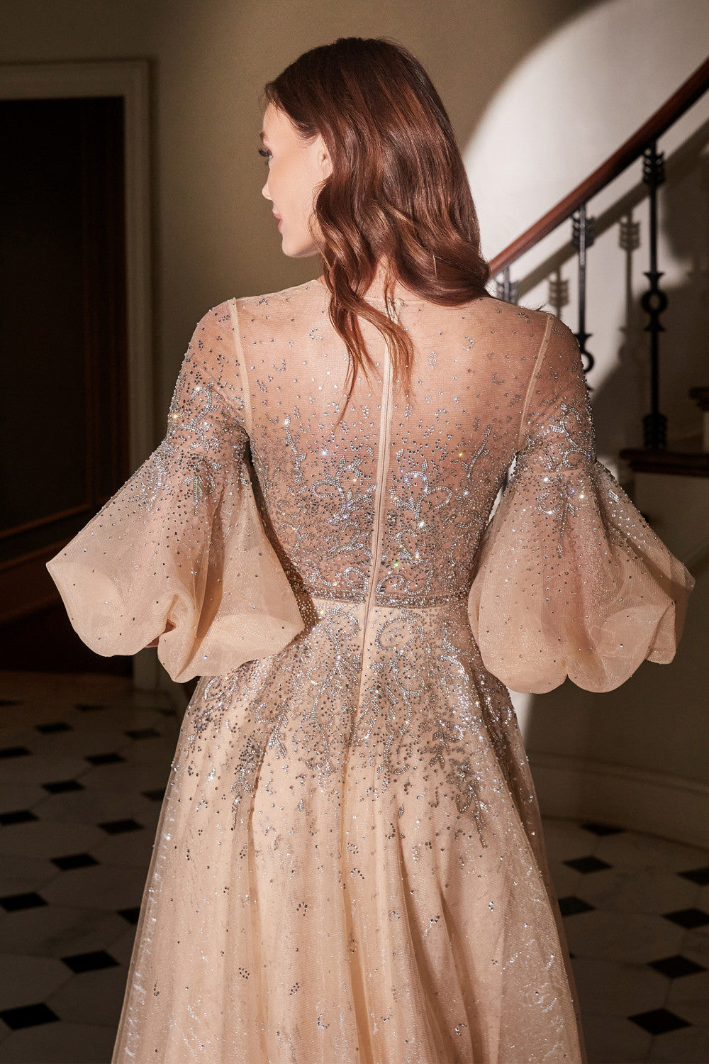 Luxury Sparkling Champagne Gown w/Sequin & Puff Sleeves-smcdress