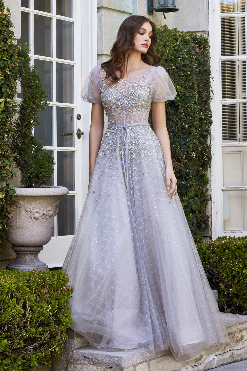 Elegant Sequin Ball Gown w/ Sheer Fitted Bodice & Embroidered A-line Corset-smcdress
