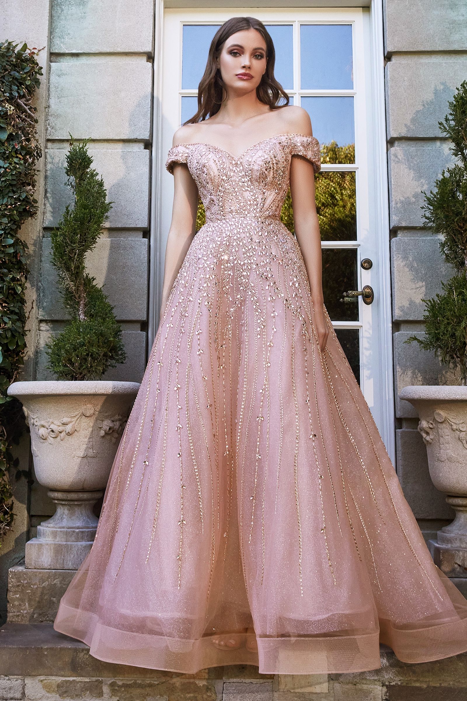 Off-shoulder, rose gold gown-smcdress