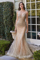 Beaded mermaid gown: Deep V-neck, plunging open back, ruffled evening formal dress-smcdress