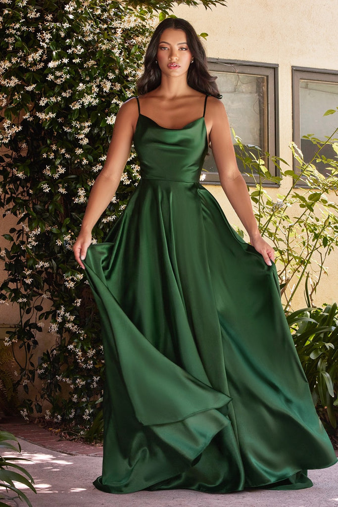 Satin A-Line Dress Cowl Neck, Spaghetti Strap Bodice, High Leg Slit, Elegant Formal Gown-smcdress