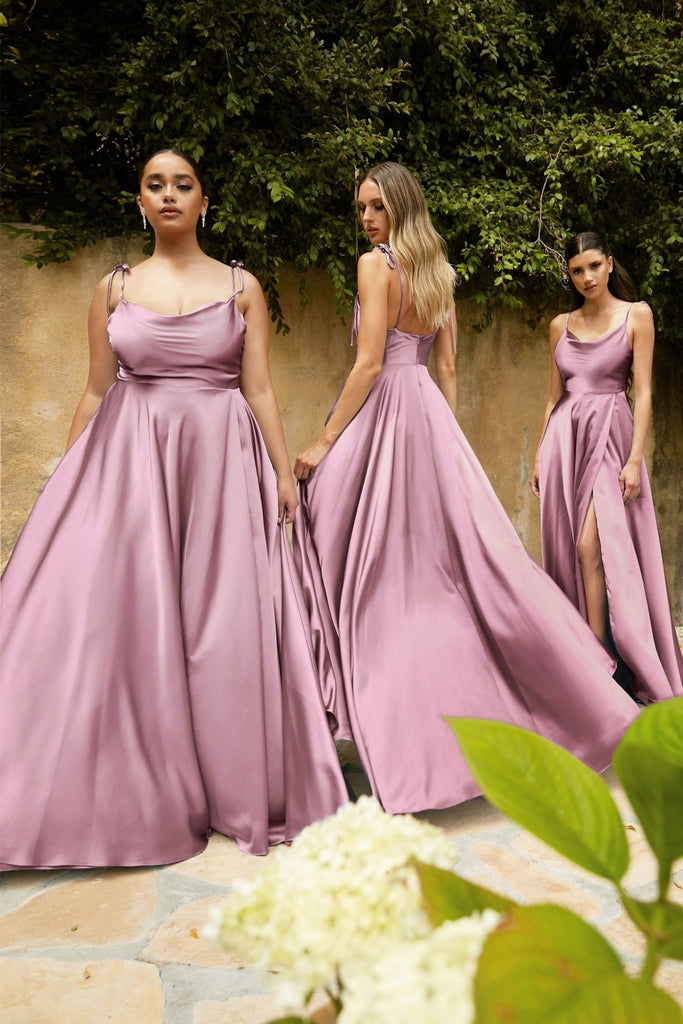 Satin A-Line Dress Cowl Neck, Spaghetti Strap Bodice, High Leg Slit, Elegant Formal Gown-smcdress