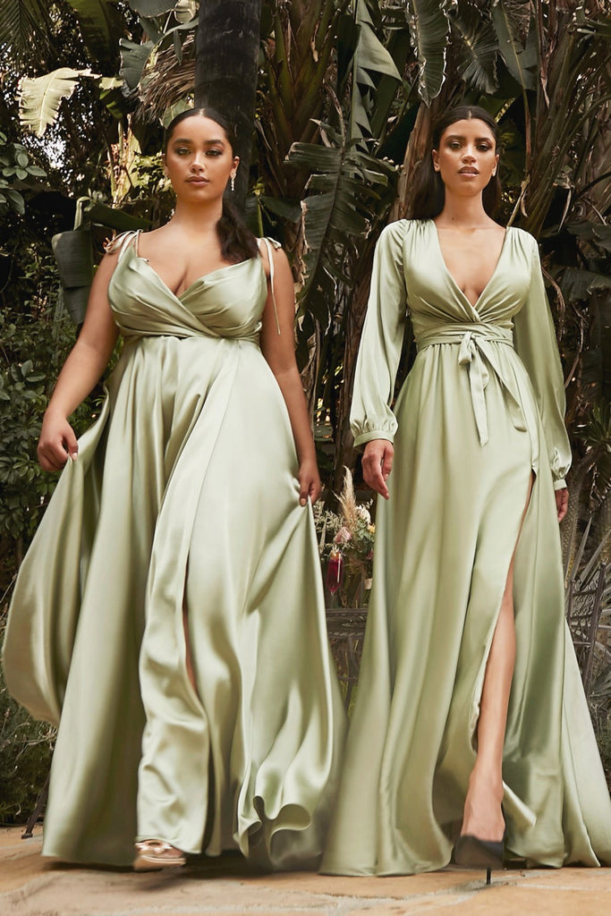Flowy Satin Gown, A-Line Skirt, High Leg Slit, Fitted Waist, Vintage Neck, Tied Straps-smcdress