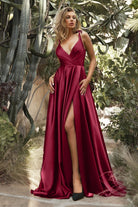 Flowy Satin Gown, A-Line Skirt, High Leg Slit, Fitted Waist, Vintage Neck, Tied Straps-smcdress