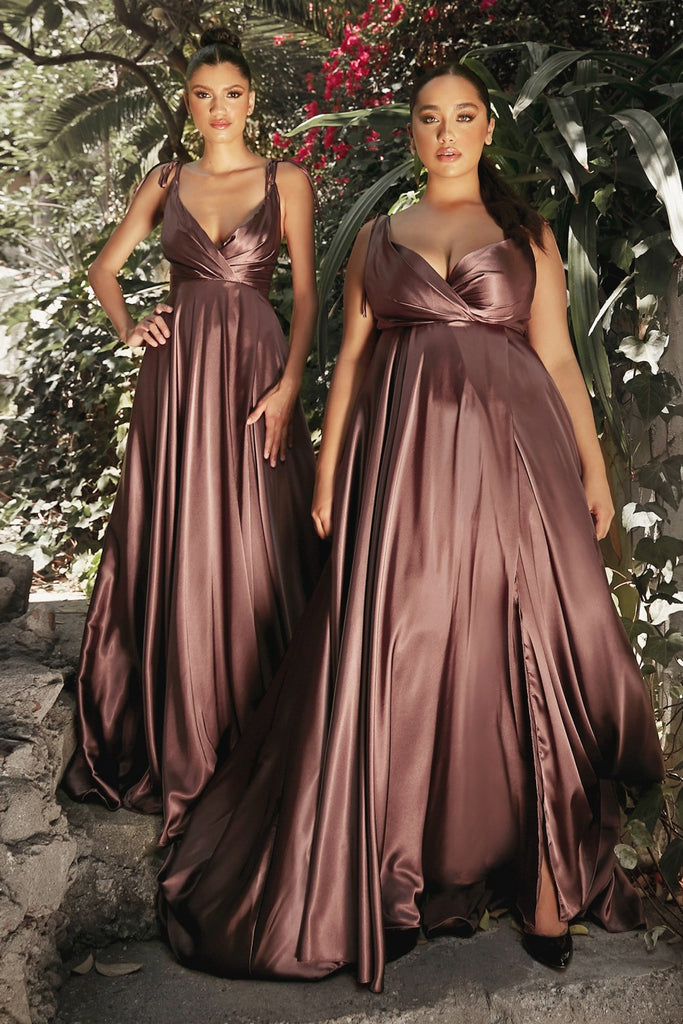 Flowy Satin Gown, A-Line Skirt, High Leg Slit, Fitted Waist, Vintage Neck, Tied Straps-smcdress