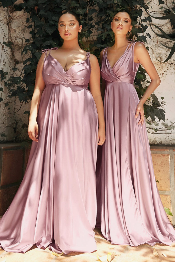 Flowy Satin Gown, A-Line Skirt, High Leg Slit, Fitted Waist, Vintage Neck, Tied Straps-smcdress