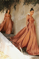Flowy Satin Gown, A-Line Skirt, High Leg Slit, Fitted Waist, Vintage Neck, Tied Straps-smcdress