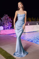 Fitted Satin Slip Prom & Bridesmaid Cowl Neck Laced Open Back Dress-smcdress