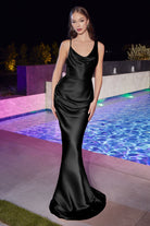 Formal Evening Gown: Satin, Cowl Neck, Solid, Open Back Bodice, in Black, Gold, Blue, Burgundy-smcdress