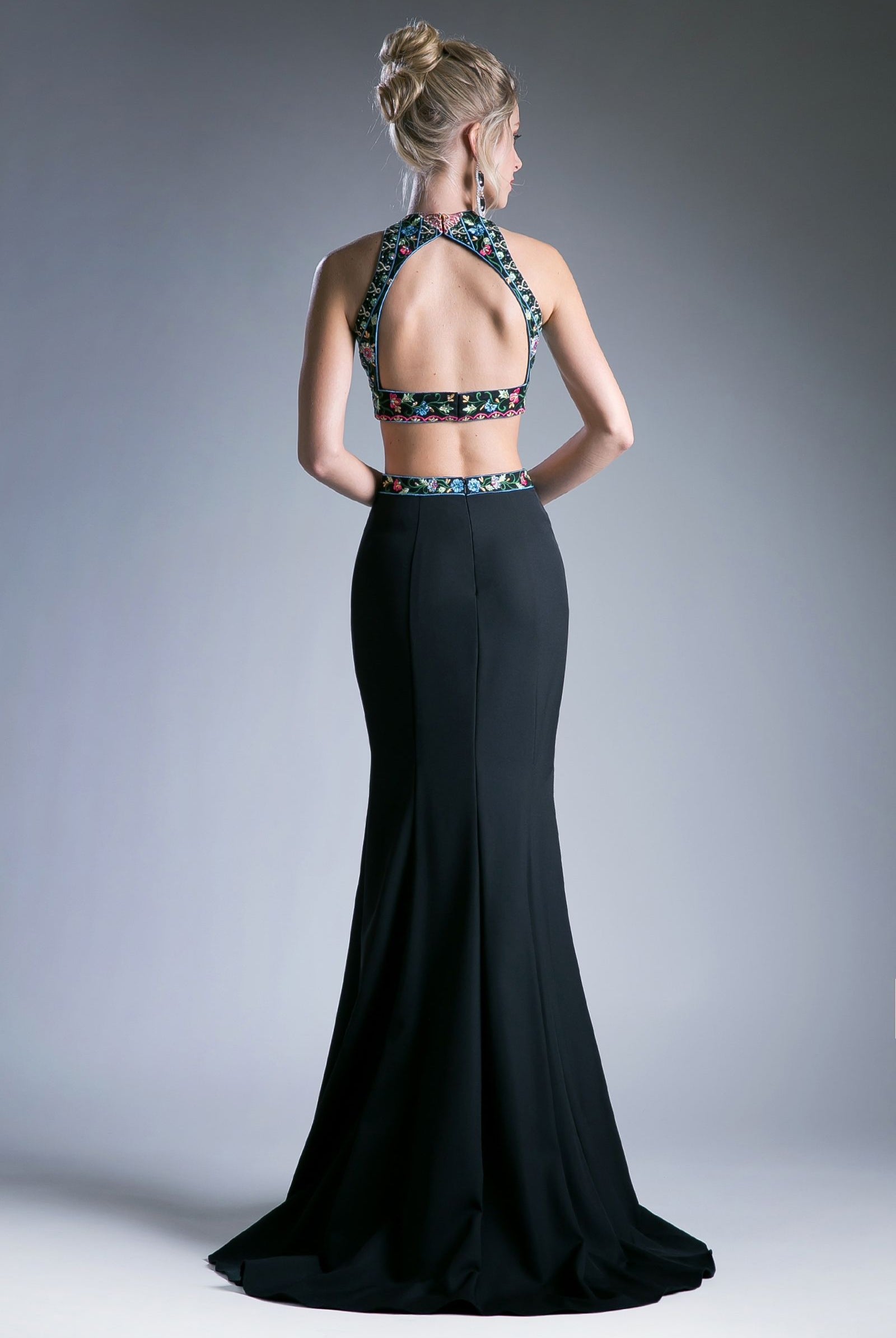 Back of two piece floral embroidered gown