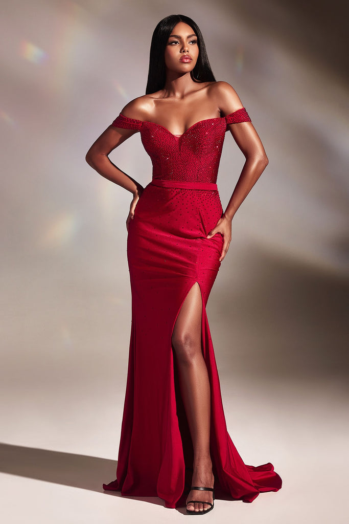 Off-shoulder Fitted Gown w/ Hot Stones-smcdress