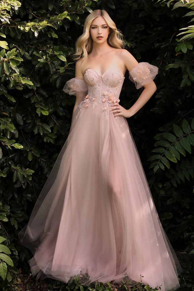 Floral Ball & Prom gown w/Corset & Puff Sleeves. Blush, Mauve, Smokey Blue-smcdress