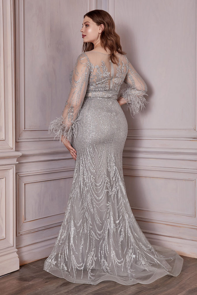 Plus size glitter dress: long sleeve, deep V-neck, sheer back bodice, luxury embroidery-smcdress