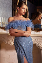 OFF THE SHOULDER FEATHER SEQUIN GOWN-smcdress