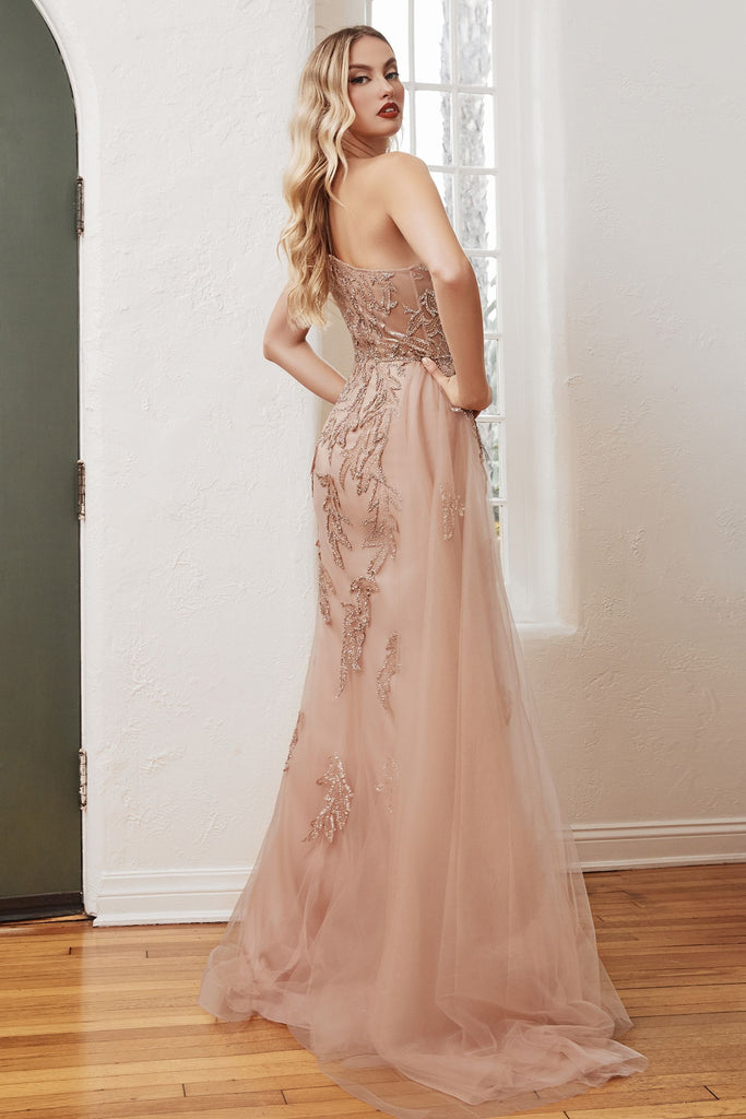 One Shoulder Luxury Mermaid Gown with tulle overskirt, Embellished Bodice & Leg Slit-smcdress