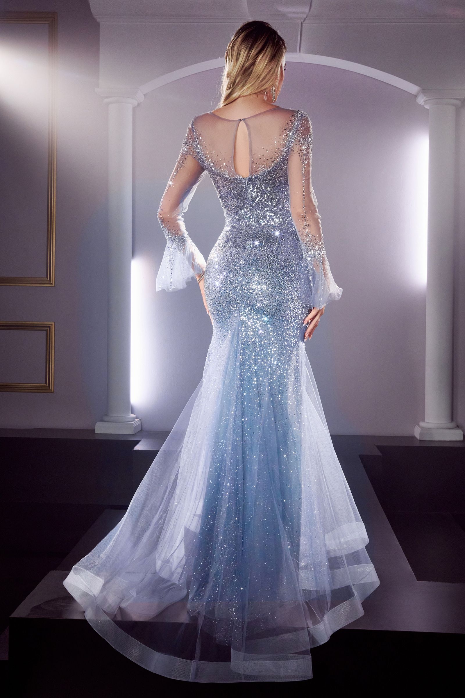 Gown with long bell sleeves and embellishments-smcdress
