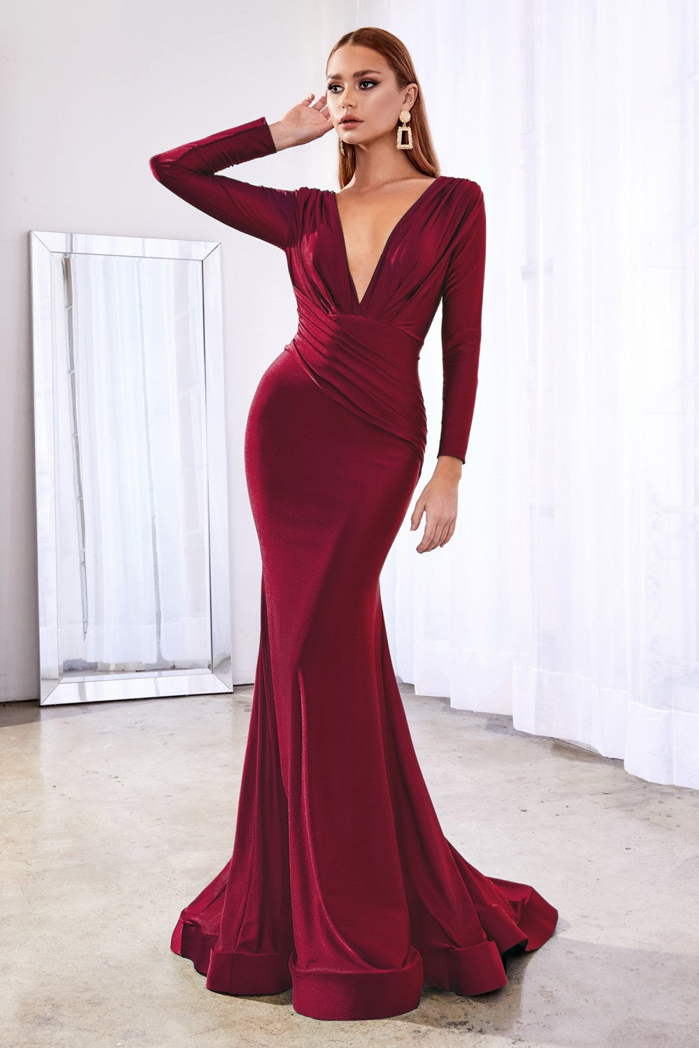 Fitted stretch jersey ball gown with deep V neck classic sophisticated silhouette and modest long sleeves