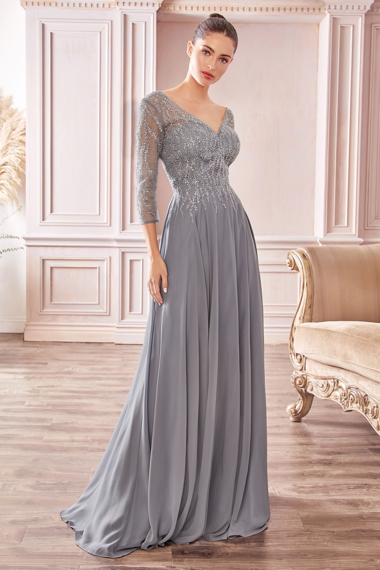 Chiffon A-Line Gown w/ Long Sleeves-smcdress